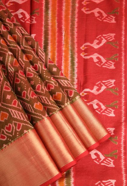 Sage Green Semi Tussar Silk with Gold Zari Pochamballi Pattern