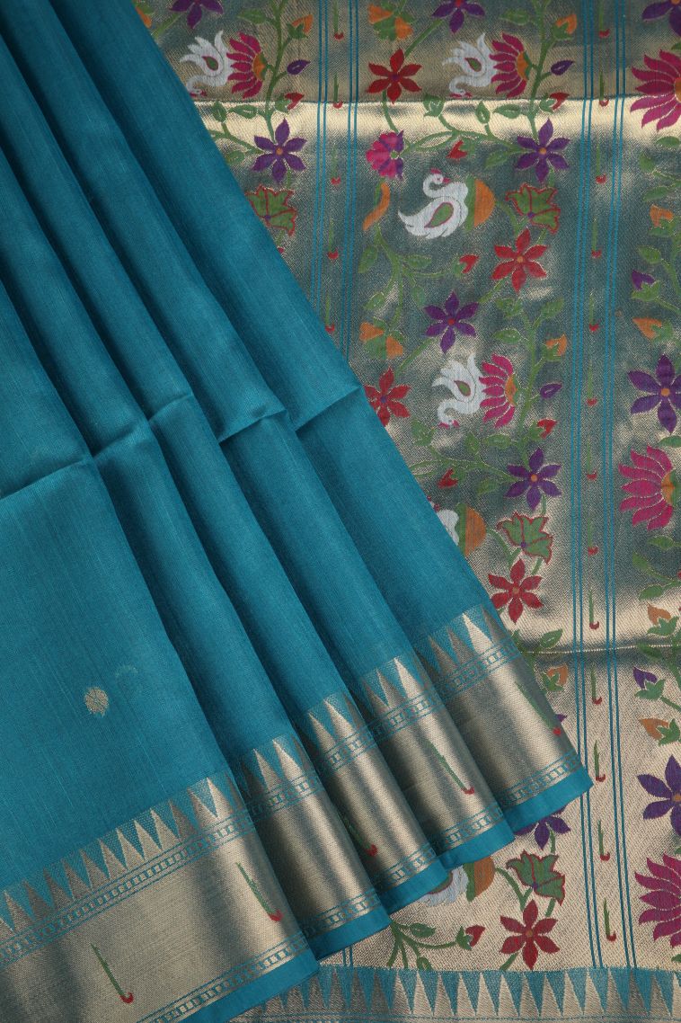 Cerulean Blue Banaras Sarees with Gold Zari Buttis (small Dots Or Motifs) view 1