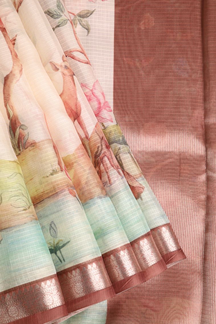 Coconut White Semi Raw Silk Printed with Silver Zari Story Telling view 1