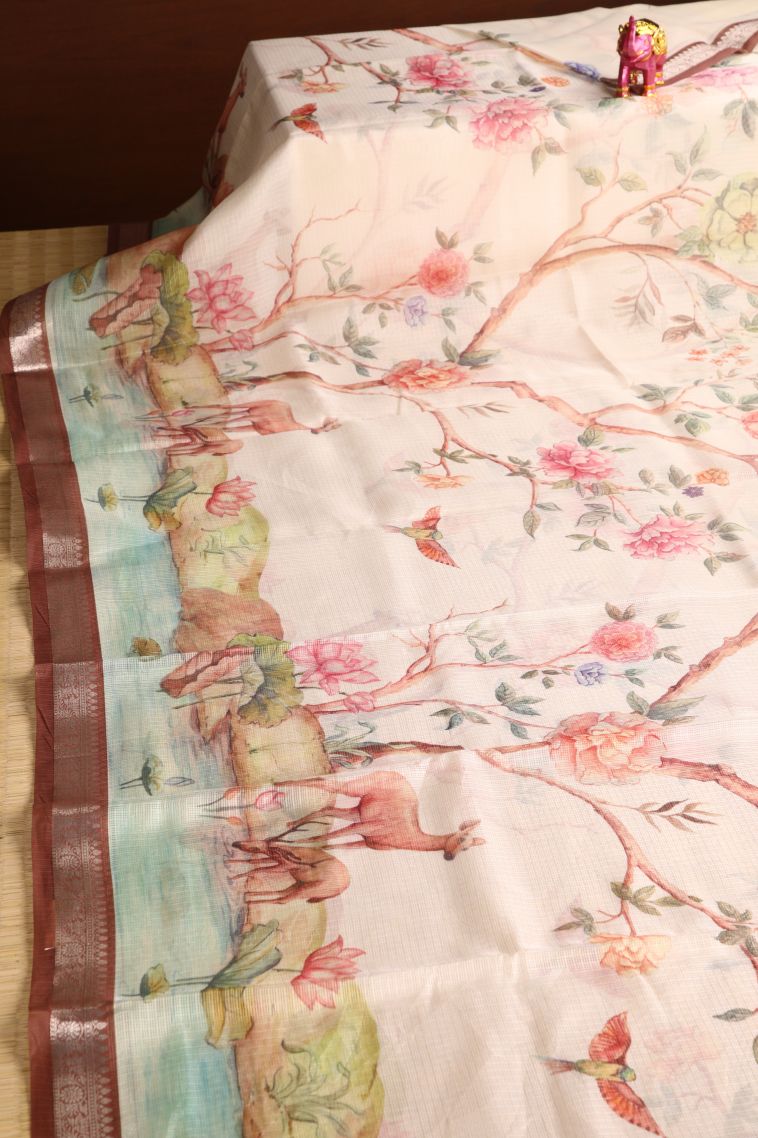 Coconut White Semi Raw Silk Printed with Silver Zari Story Telling view 2