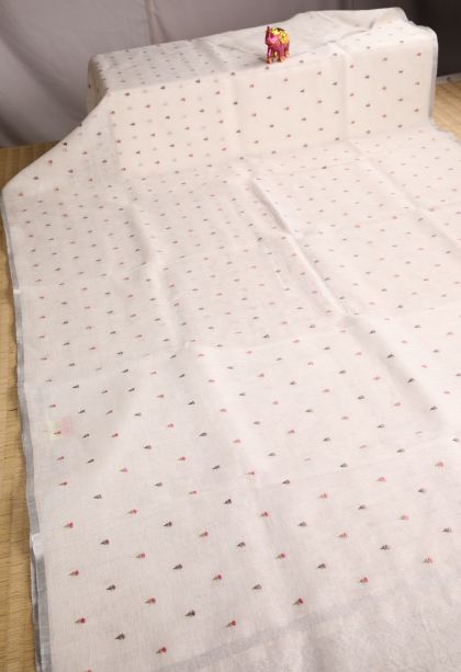 Alabaster White Linen Saree with Without Zari Zari Floral Puttas