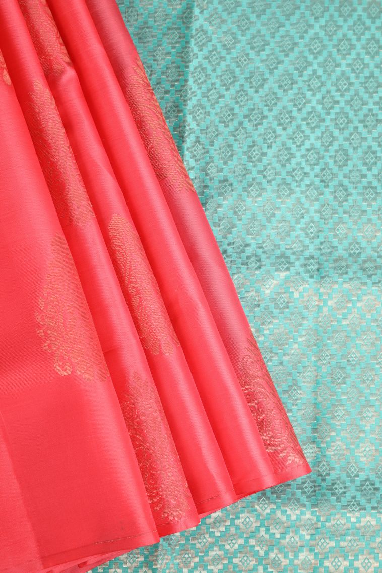 Rouge Pink Soft Silk Saree with Copper Zari Thilagam Puttas view 1