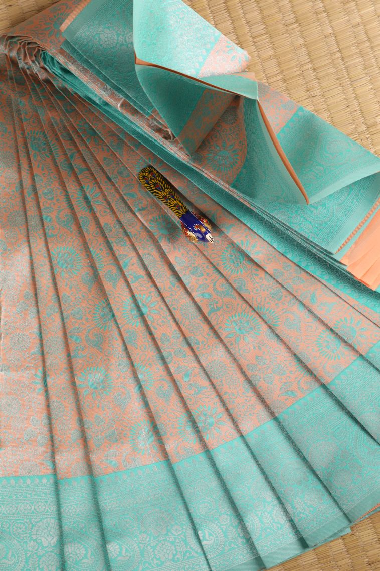 Coconut White Visiri Madippu Silk Sarees with Silver Zari Floral Patterns view 1