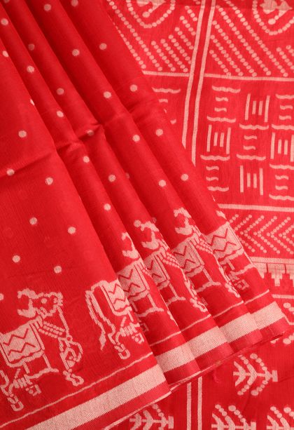 Candy Red Semi Tussar Silk with Without Zari Zari Buttis (small Dots Or Motifs)