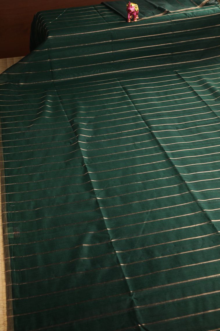 Bottle Green Semi Tussar Silk with Gold Zari Stripes view 2