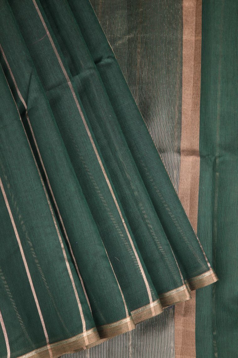 Bottle Green Semi Tussar Silk with Gold Zari Stripes view 1