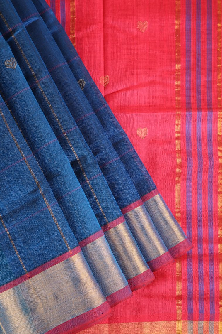 Aegean Blue Silk Cotton with Gold Zari Buttis (small Dots Or Motifs) view 1