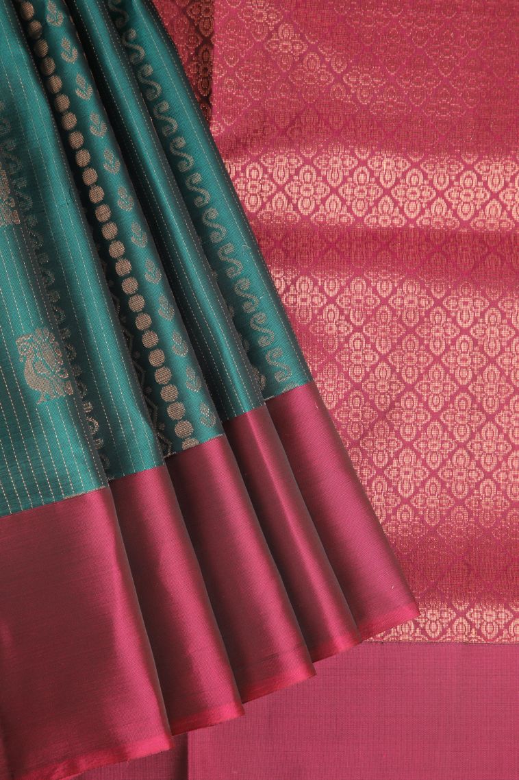Ocean Blue Soft Silk Saree with Copper Zari Peacock Motifs view 1