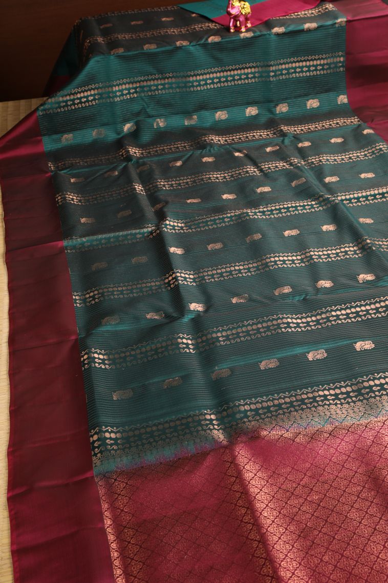 Ocean Blue Soft Silk Saree with Copper Zari Peacock Motifs view 2