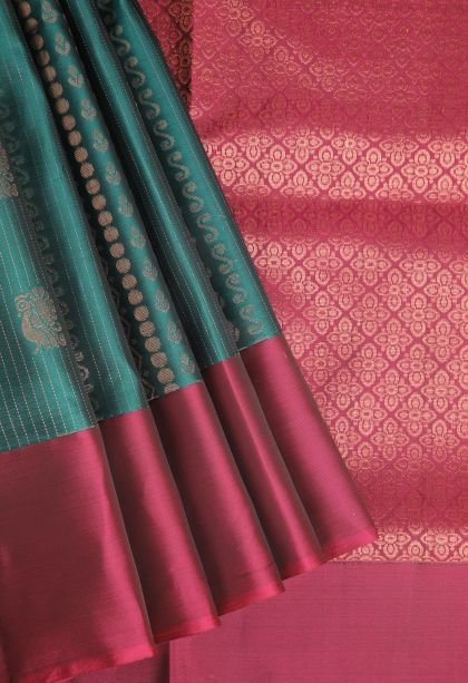Ocean Blue Soft Silk Saree with Copper Zari Peacock Motifs
