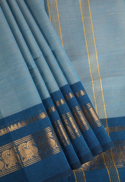 Cerulean Blue Chettinad Cotton Sarees with Gold Zari Plain