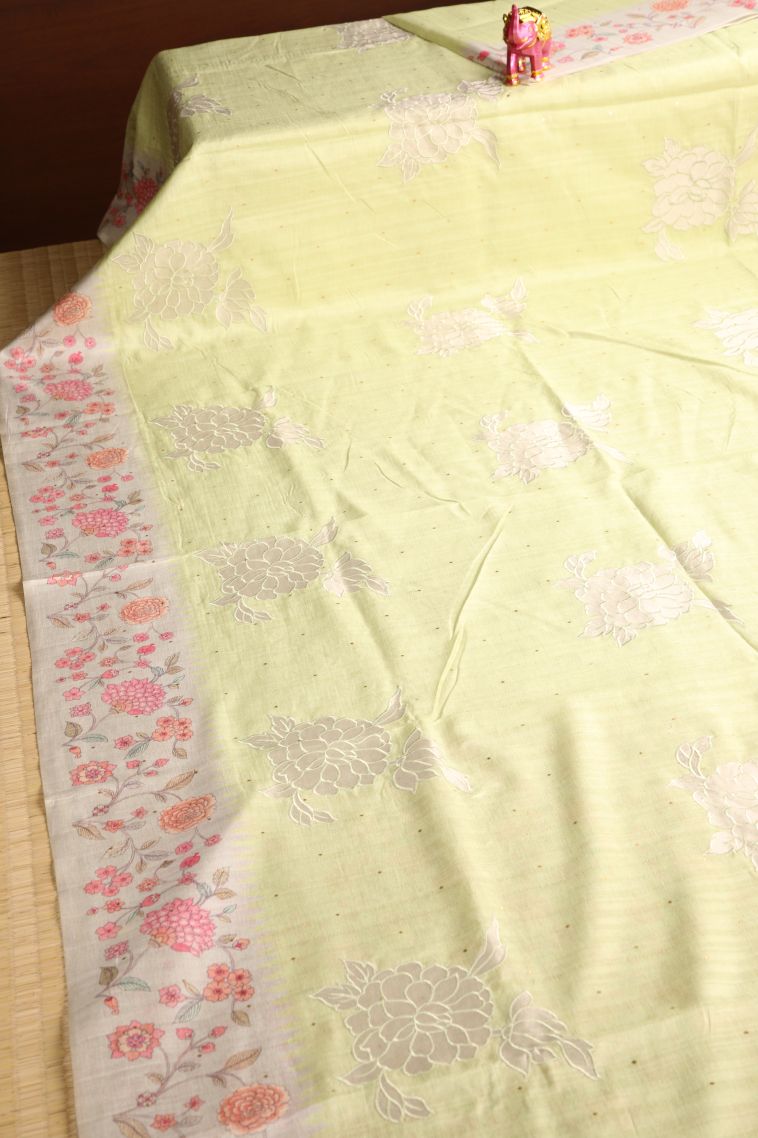 Chartreuse Green Tussar Saree with Without Zari Zari Floral Puttas view 2