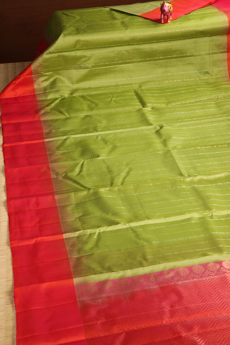 Olive Green Soft Silk Saree with Gold Zari Stripes view 2