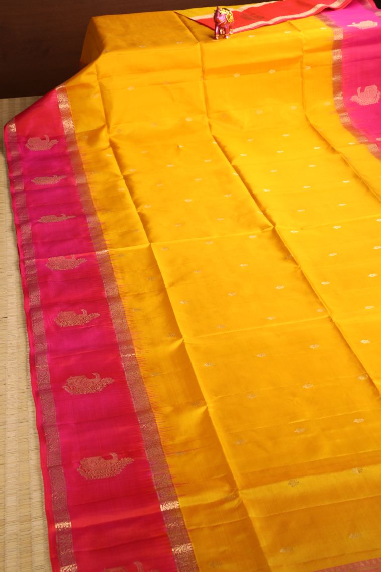 Merigold Orange Soft Silk Saree with Gold Zari Floral Puttas view 2