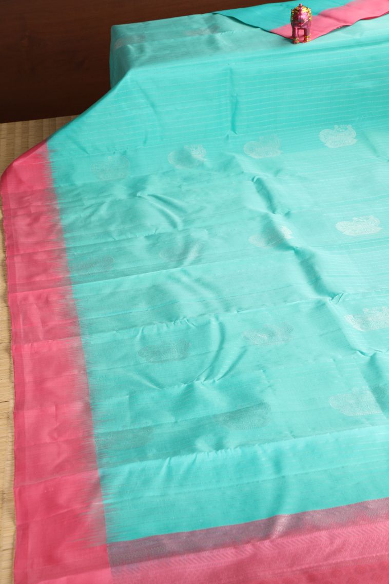 Arctic Blue Soft Silk Saree with Silver Zari Floral Puttas view 2