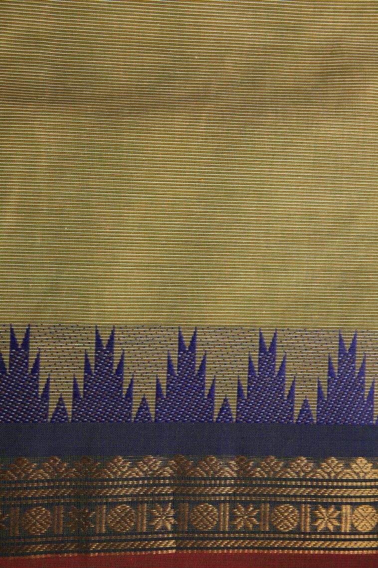 Olive Green Chettinad Cotton Sarees with Gold Zari Stripes view 3