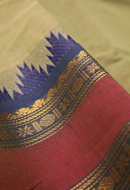 Olive Green Chettinad Cotton Sarees with Gold Zari Stripes