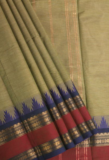 Olive Green Chettinad Cotton Sarees with Gold Zari Stripes