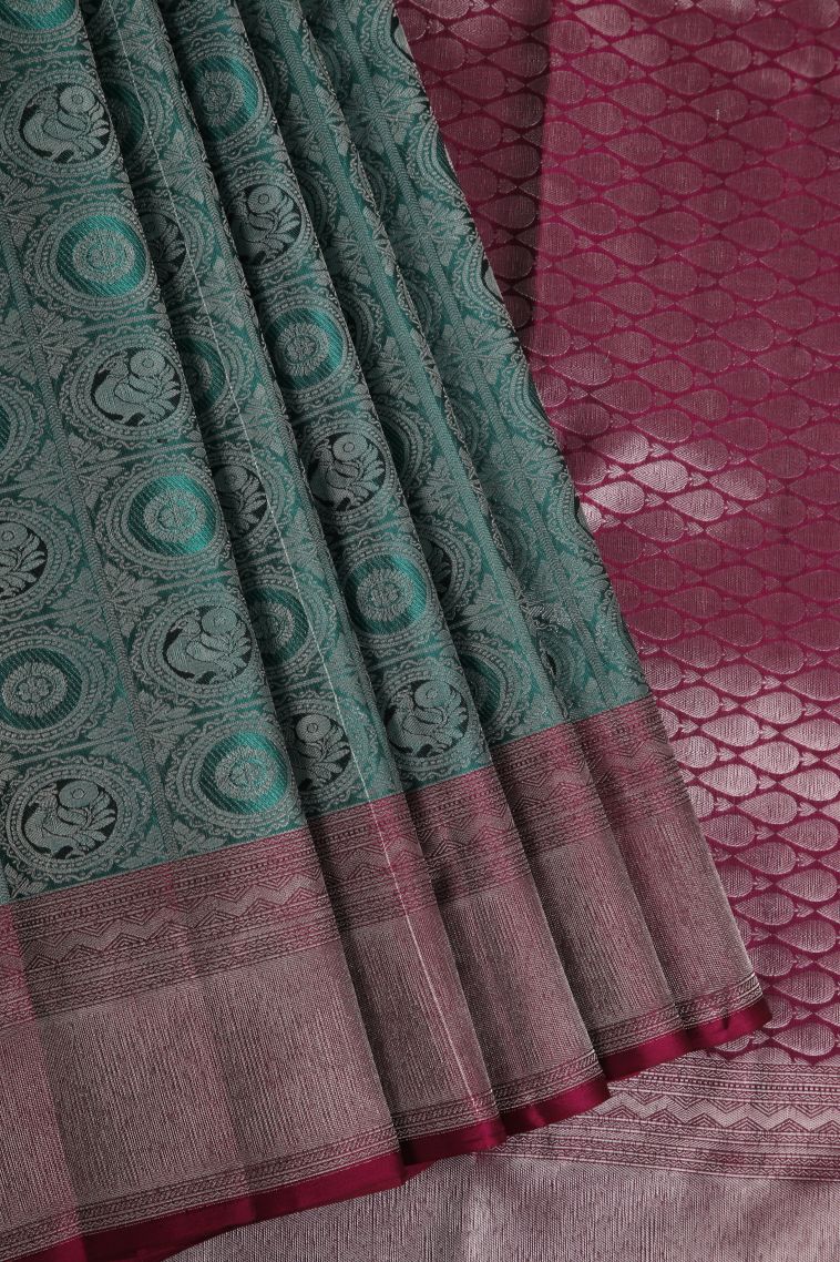 Teal Blue Soft Silk Saree with Silver Zari Annam Rudhratcham view 1