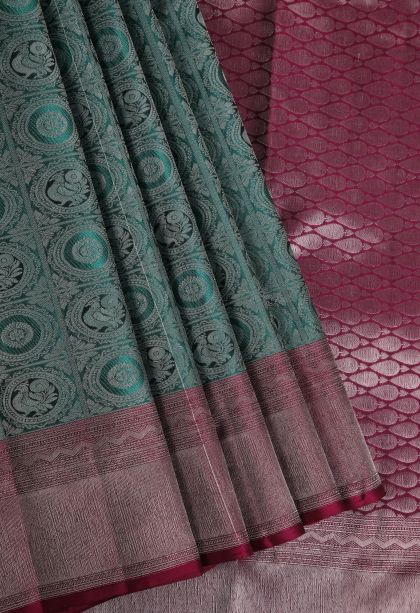 Teal Blue Soft Silk Saree with Silver Zari Annam Rudhratcham
