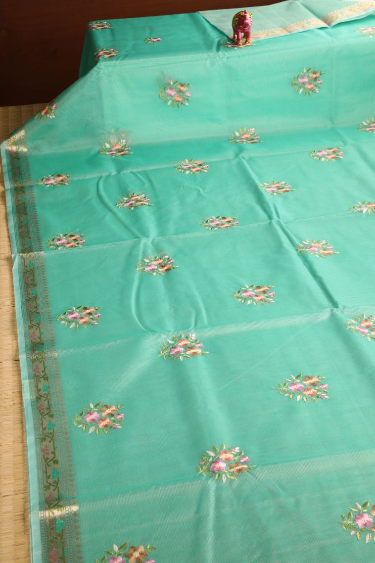 Arctic Blue Manipuri Cotton Sarees with Gold Zari Embroidary view 2