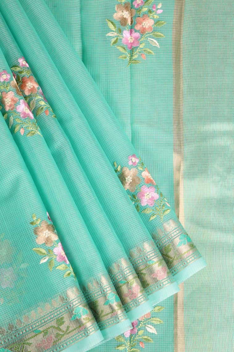 Arctic Blue Manipuri Cotton Sarees with Gold Zari Embroidary view 1