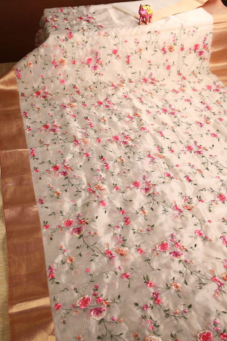 Alabaster White Tissue Silk Sarees with Gold Zari Embroidary view 2