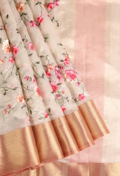 Alabaster White Tissue Silk Sarees with Gold Zari Embroidary