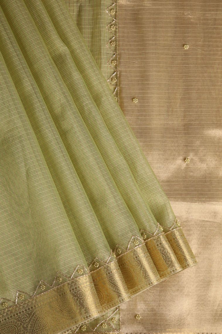 Olive Green Tissue Silk Sarees with Gold Zari Plain view 1