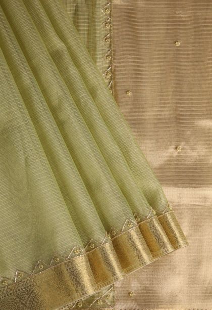 Olive Green Tissue Silk Sarees with Gold Zari Plain