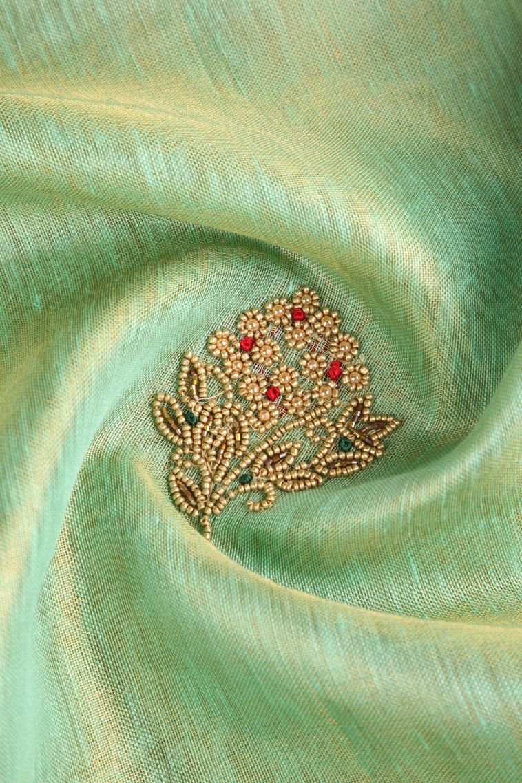 Mint Green Tissue Silk Sarees with Gold Zari Beeds Work view 4