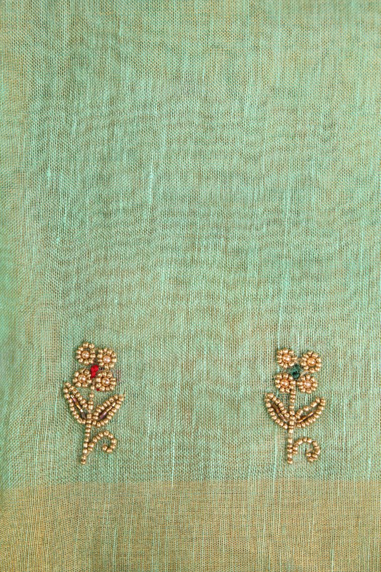 Mint Green Tissue Silk Sarees with Gold Zari Beeds Work view 3
