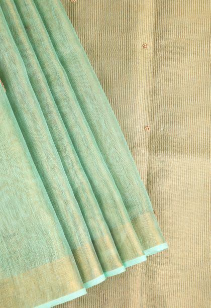 Mint Green Tissue Silk Sarees with Gold Zari Beeds Work