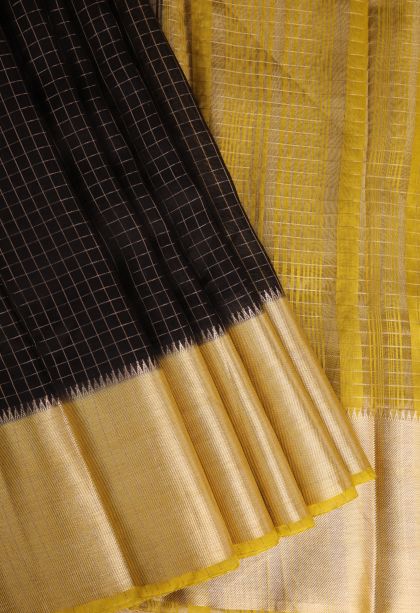 Asphalt Black Fancy Saree with Gold Zari Checks