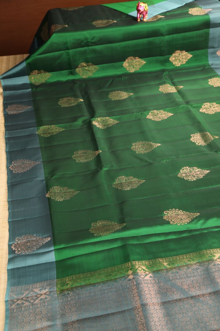 Basil Green Silk Sarees with Copper Zari Floral Patterns view 2