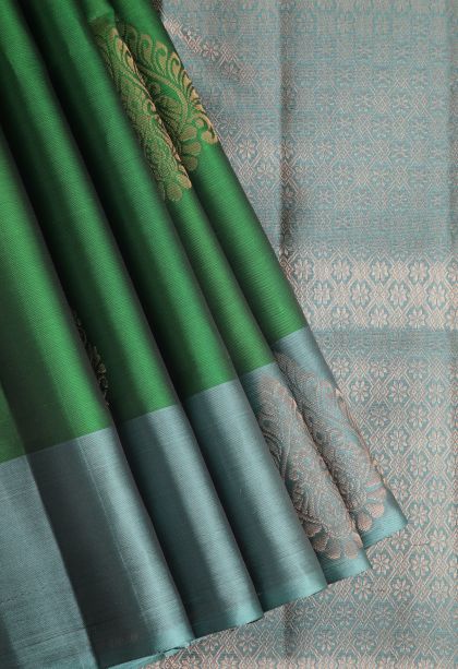Basil Green Silk Sarees with Copper Zari Floral Patterns