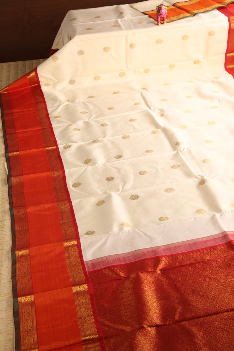 Cream White Kanchipuram Silk Sarees with Gold Zari Floral Puttas view 2