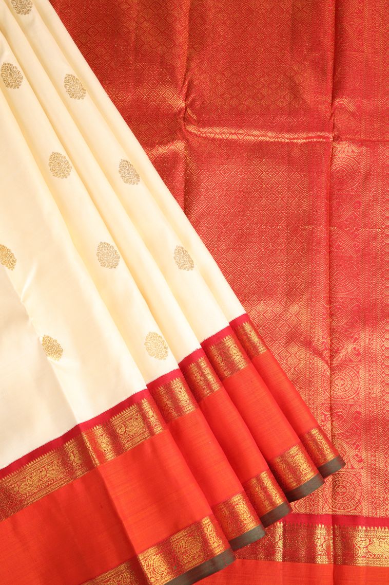 Cream White Kanchipuram Silk Sarees with Gold Zari Floral Puttas view 1