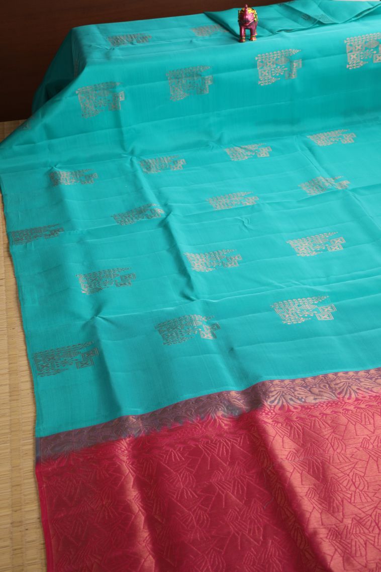 Sky Blue Soft Silk Saree with Copper Zari Floral Puttas view 2