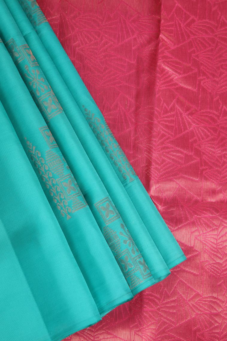 Sky Blue Soft Silk Saree with Copper Zari Floral Puttas view 1