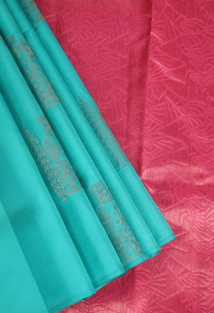 Sky Blue Soft Silk Saree with Copper Zari Floral Puttas