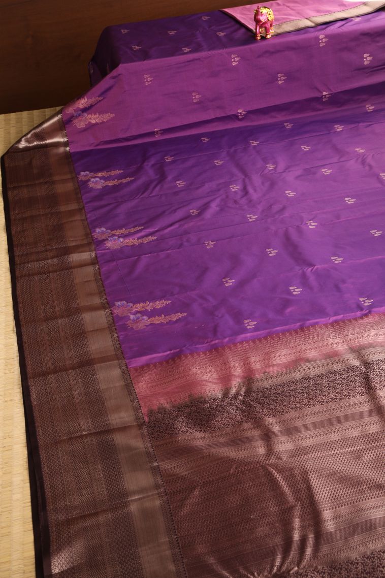 Bubble Purple Apoorva Silk Sarees with Copper Zari Floral Puttas view 2