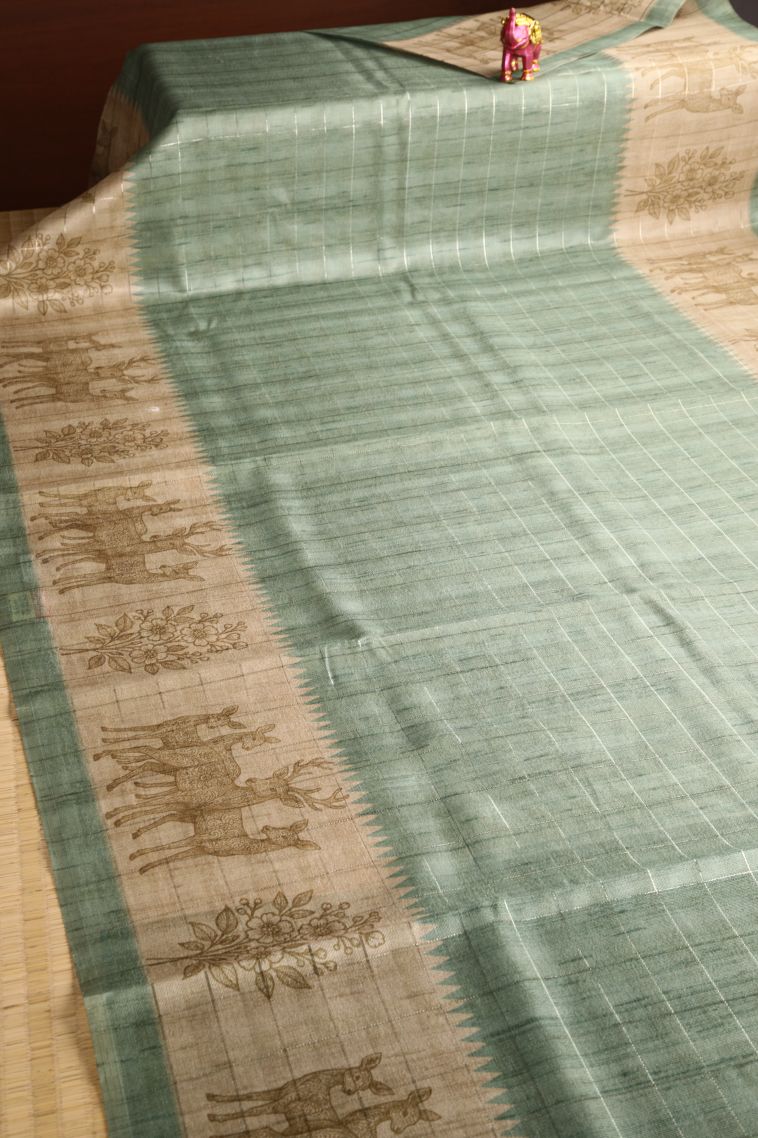 Mint Green Jute Sarees with Silver Zari Checks view 2