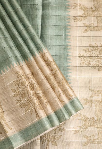 Mint Green Jute Sarees with Silver Zari Checks