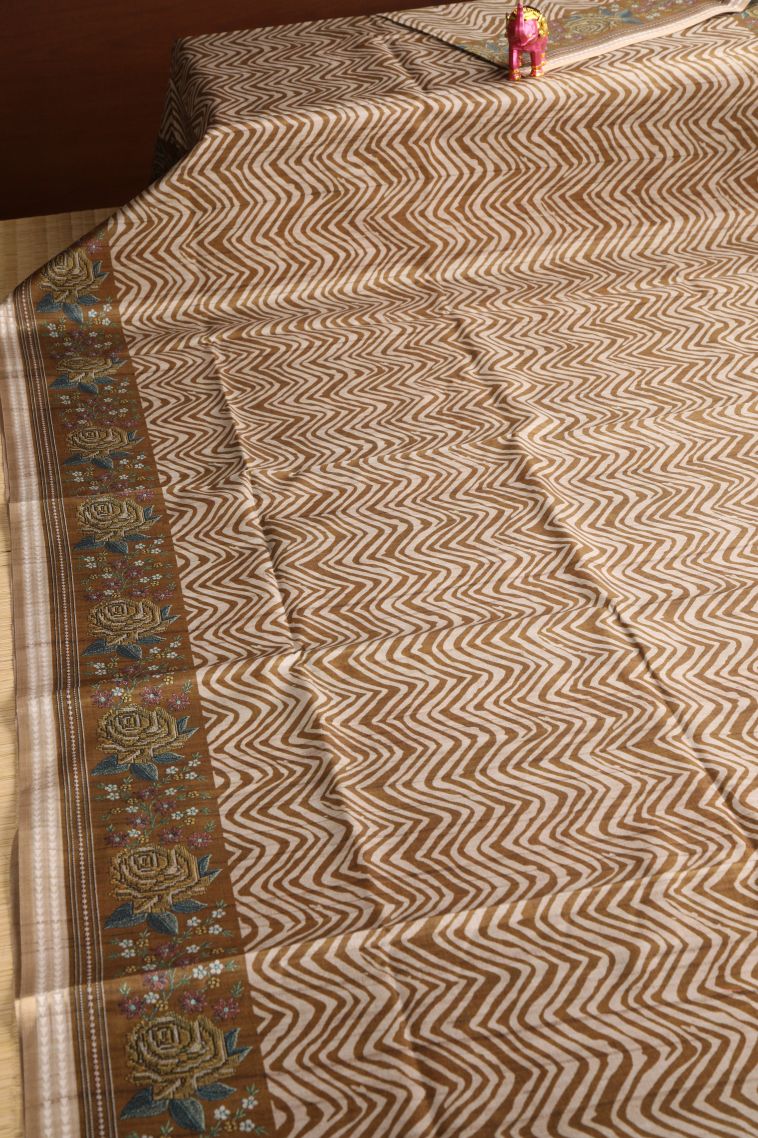 Peanut Brown Semi Tussar Silk with Gold Zari Zig Zag Pattern view 2