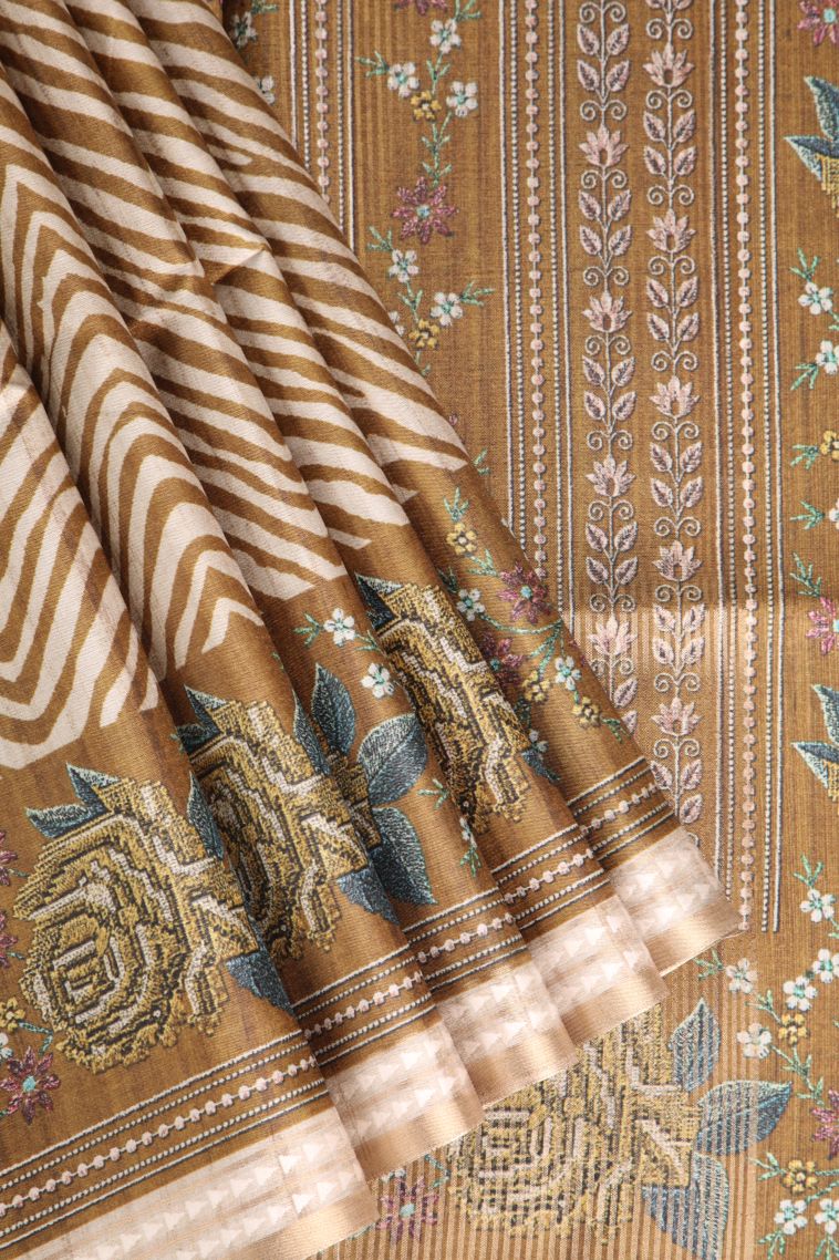 Peanut Brown Semi Tussar Silk with Gold Zari Zig Zag Pattern view 1