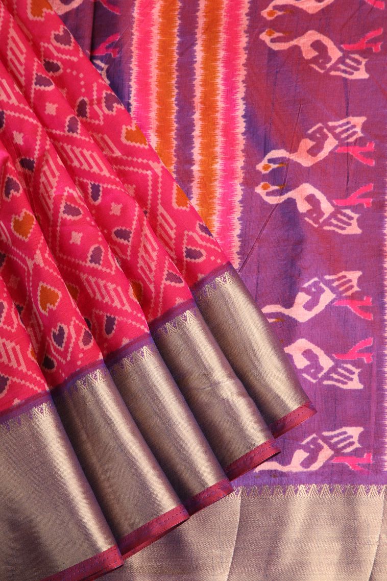 Hot Pink Semi Tussar Silk with Gold Zari Pochamballi Pattern view 1