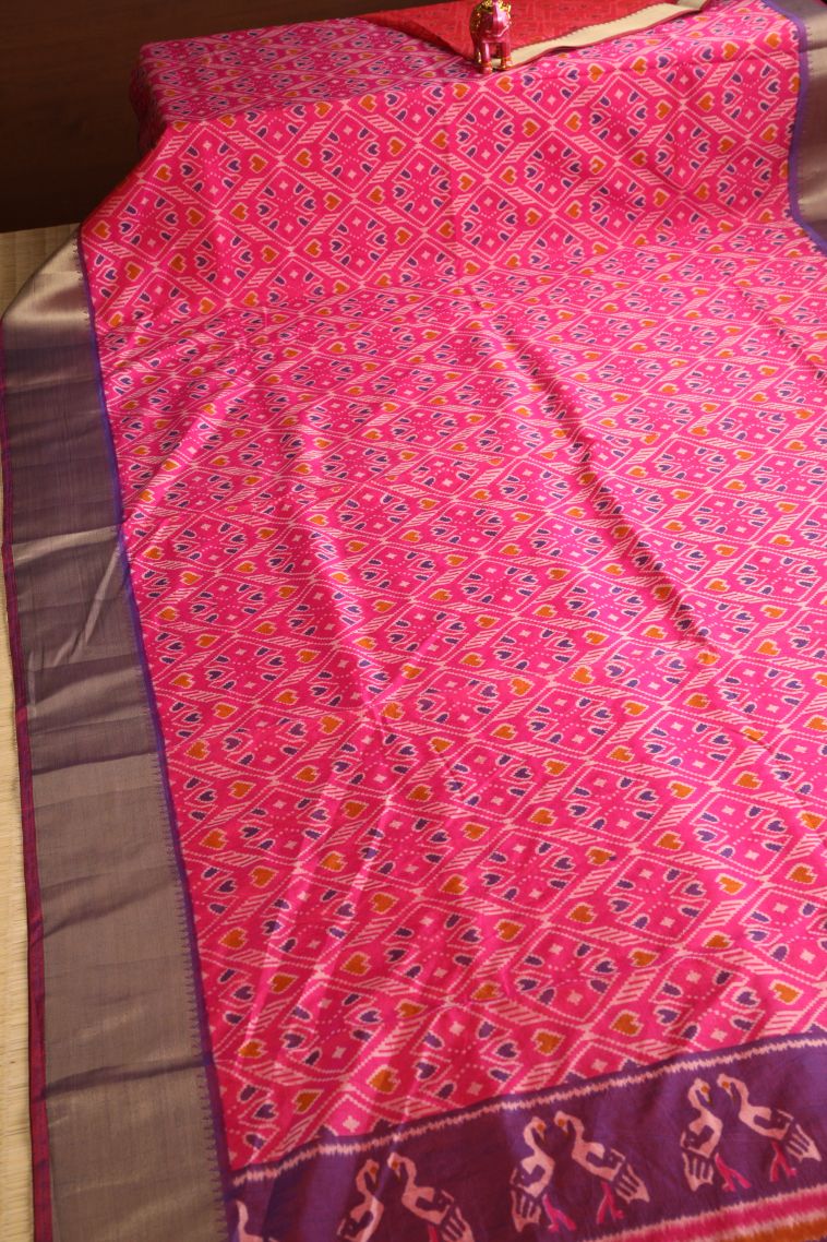 Hot Pink Semi Tussar Silk with Gold Zari Pochamballi Pattern view 2