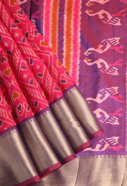 Hot Pink Semi Tussar Silk with Gold Zari Pochamballi Pattern
