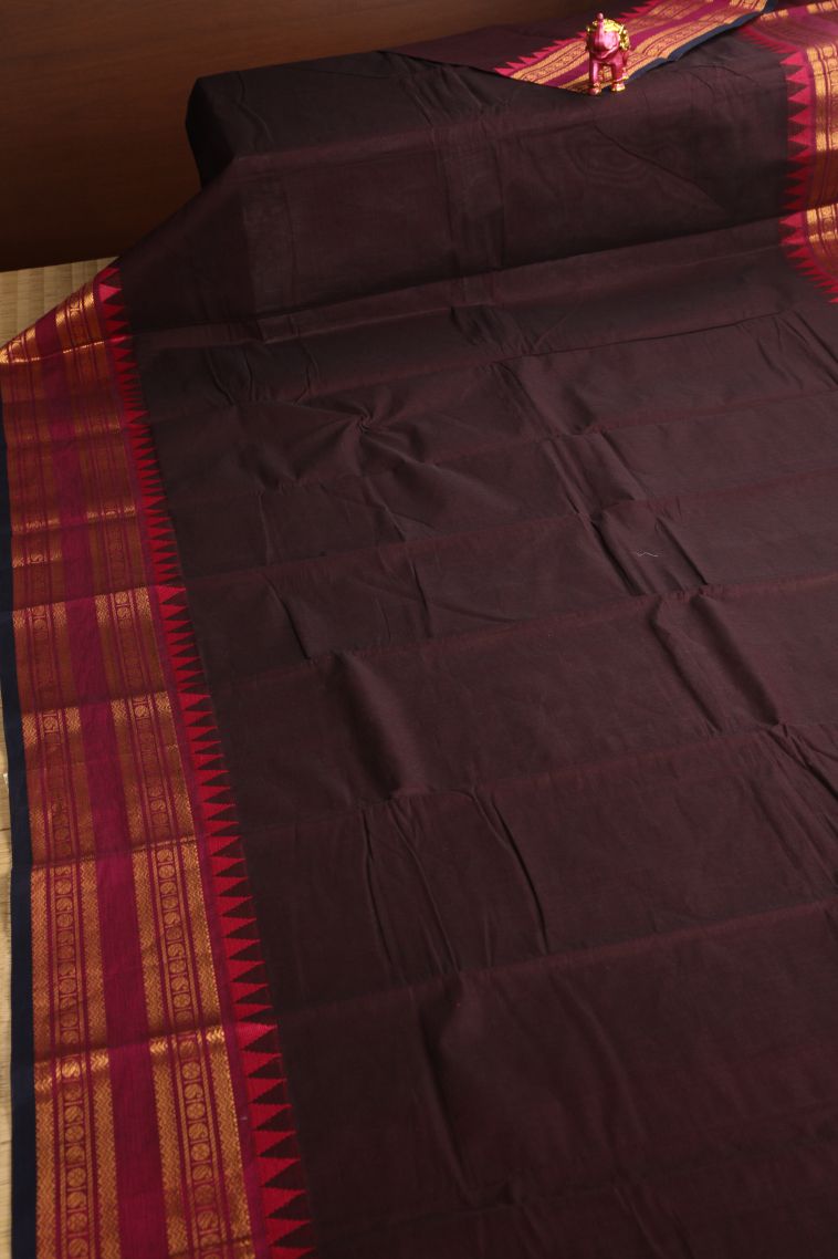Pecan Brown Chettinad Cotton Sarees with Gold Zari Plain view 2